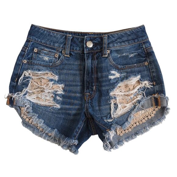 American Eagle Hi Rise Festival Denim Shorts Size 2 Denim Distressed Ripped Lace - Picture 1 of 5